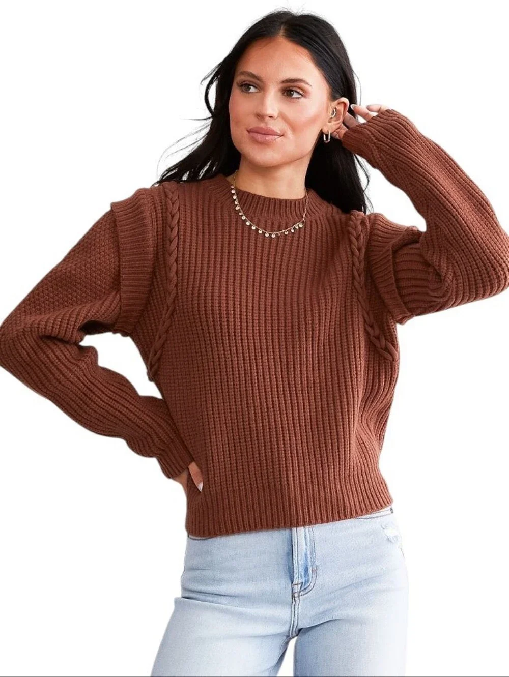 Willow + Root Womens Rust Cable Detail Waffle Knit Flatter Shoulder Sweater  L